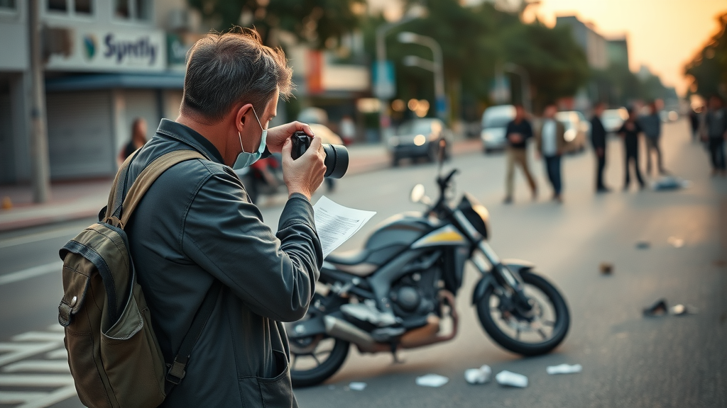 Legal investigator photographs damaged motorcycle at accident scene to document evidence for a motorcycle accident attorney