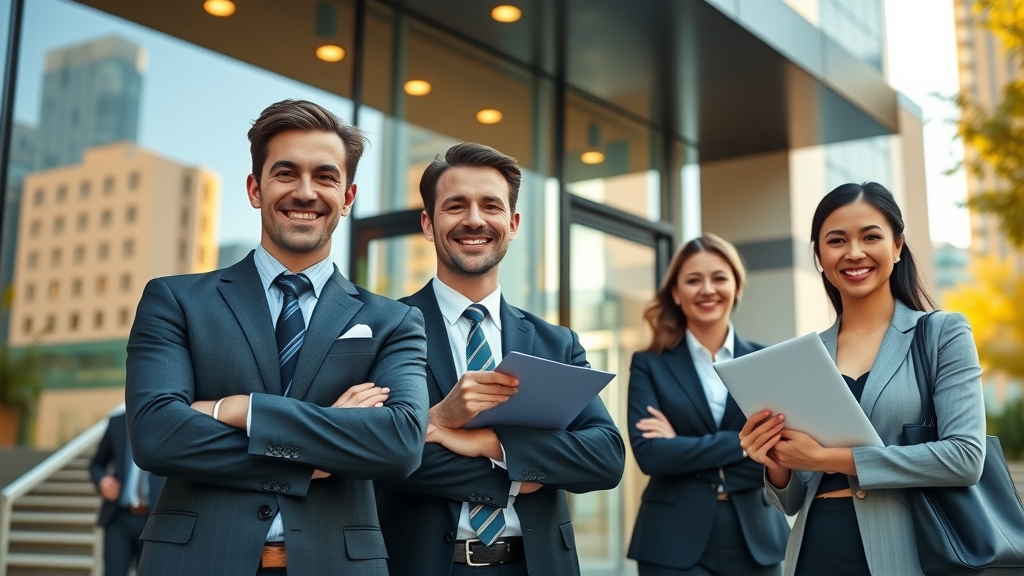 SEO strategies for personal injury lawyers modern law office exterior with lawyers collaborating in a vibrant cityscape