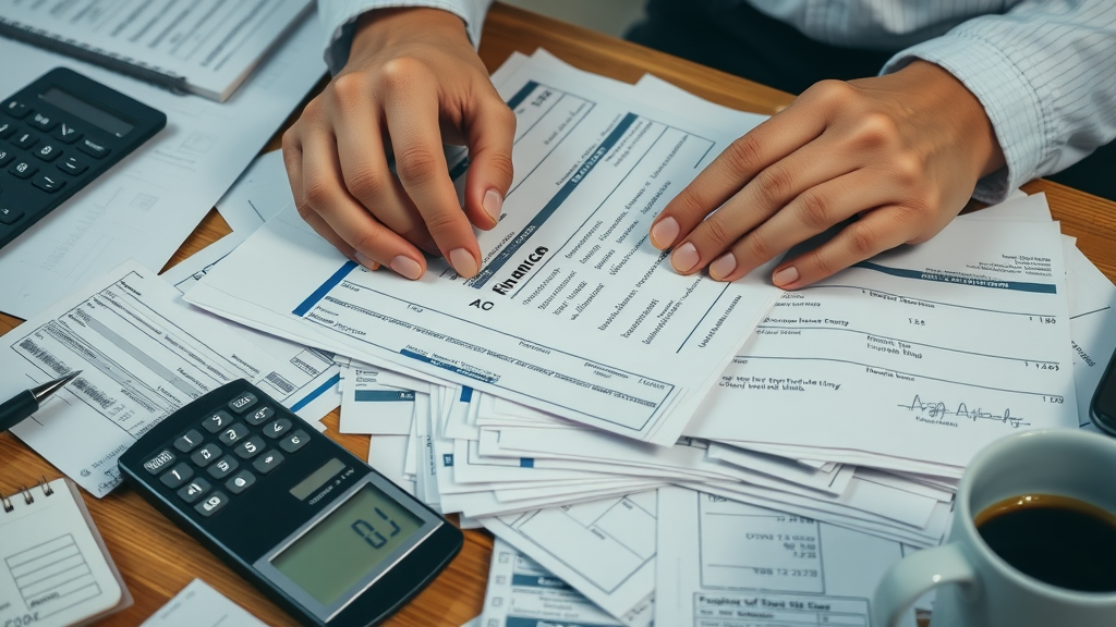 Hands sorting medical bills and receipts related to motorcycle accident claims on a desktop, photorealistic macro detail