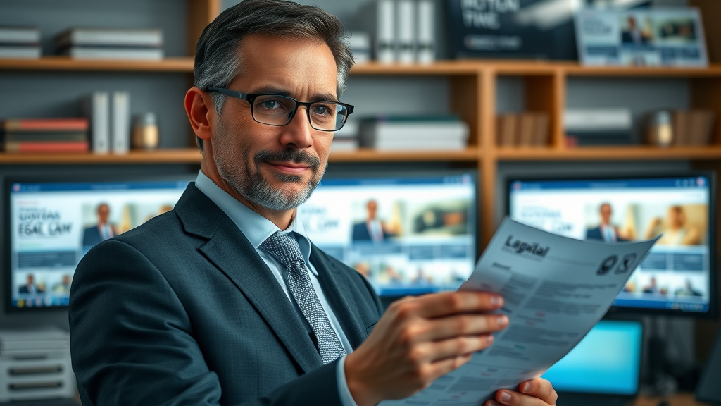 Confident legal professional reviewing social media content calendar; legal marketing on social media