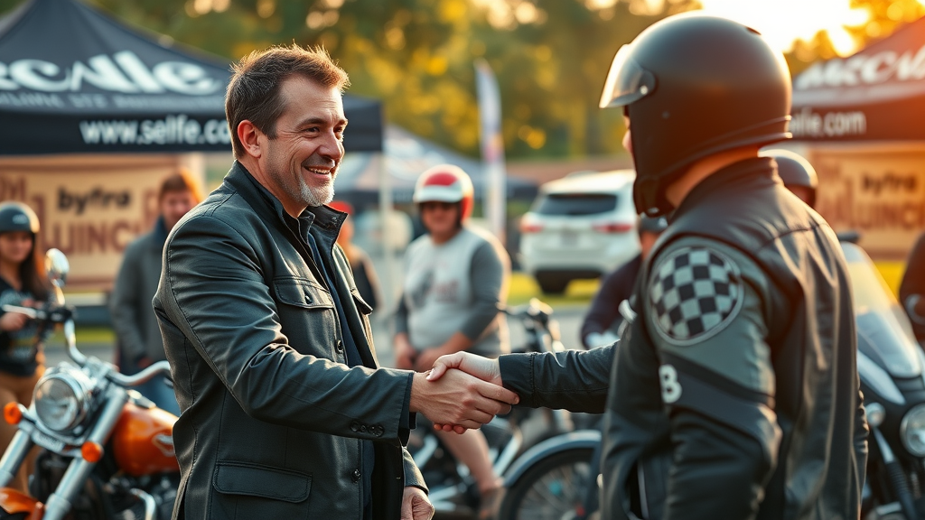 Motorcycle accident law firm engaging with local riders at a community event - community building for motorcycle accident niche