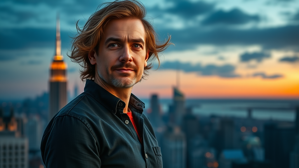 company founder city skyline with brand icon - visionary leadership for brand perception