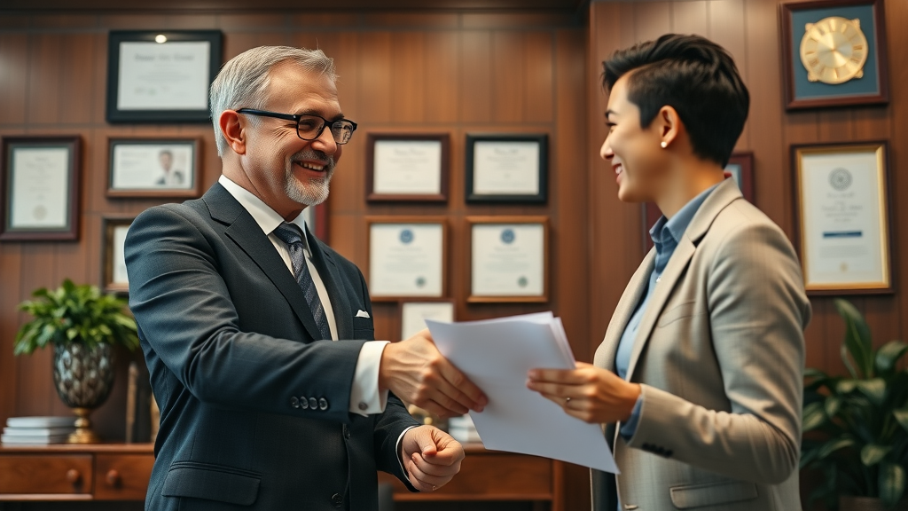 Satisfied client handshake with law firm attorney sharing digital marketing testimonial
