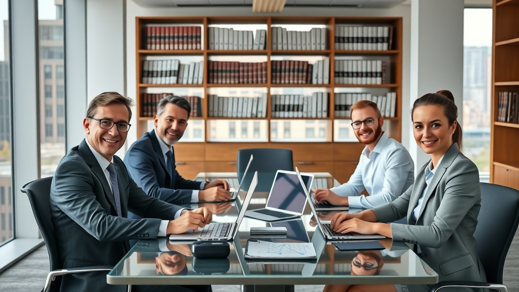 Lawyers discussing video SEO for law firms strategy in a modern office with digital devices