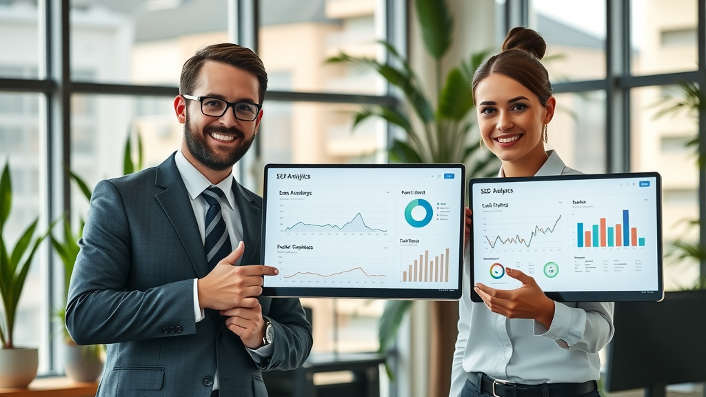 professional law firm website homepage, confident legal team, reviewing SEO analytics, dynamic charts, modern office background