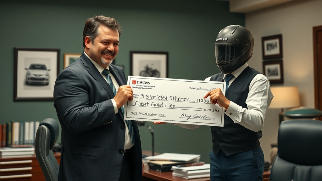 Motorcycle accident attorney hands check to client in settlement after successful motorcycle accident claim