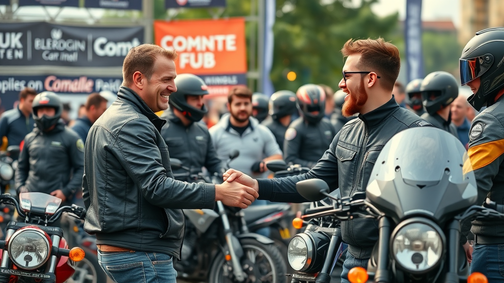 Vibrant motorcycle community gathering, enthusiastic riders interacting at an outdoor urban meetup, branded banners and bikes, natural daylight.