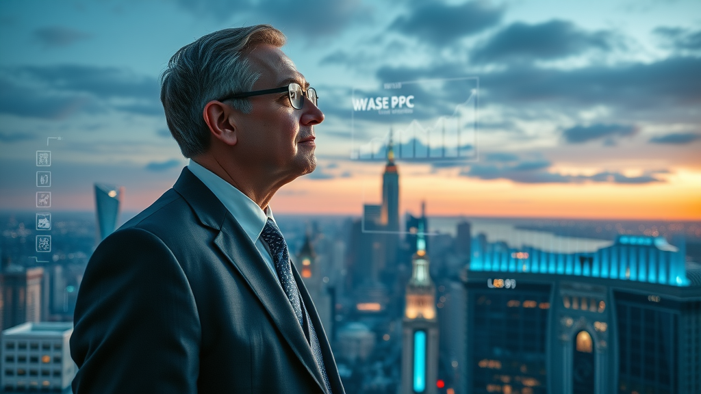 Future of ppc for legal services visionary law professional with futuristic AI marketing charts