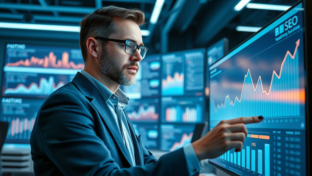 SEO specialist reviewing analytics and upward search rankings for a law firm in a high-tech office