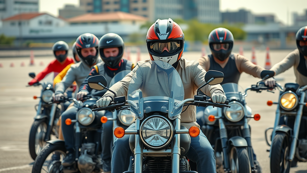 motorcycle safety courses group riding practice in urban training lot, riders performing maneuvers with safety gear in daylight