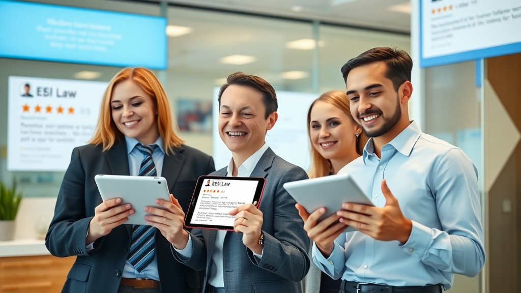 law firm staff reading positive client reviews on local SEO listings, NAP consistency and injury law firm branding