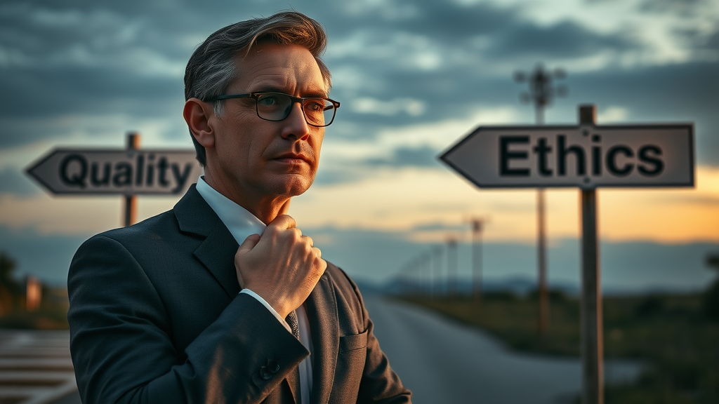Lawyer thoughtfully considering ethical lead generation solutions at a symbolic crossroads