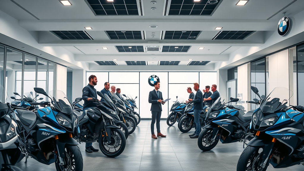 bmw motorrad modern showroom with brand representatives engaging with customers in the motorcycle industry