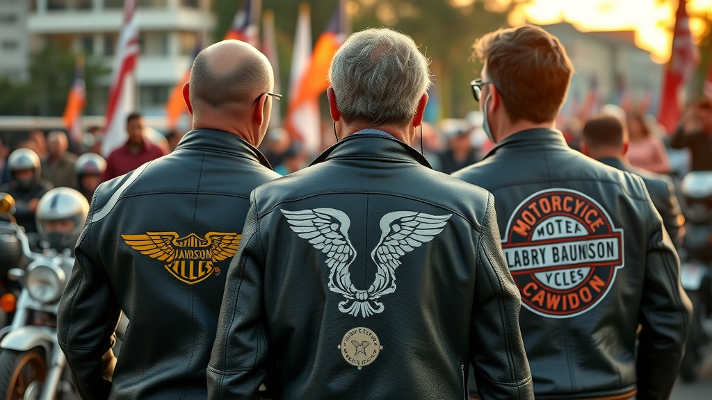 Motorcycle brand logos on leather jackets, motorcycle riders at event, branding for motorcycle enthusiasts, urban event, community engagement, golden hour, proud brand identity