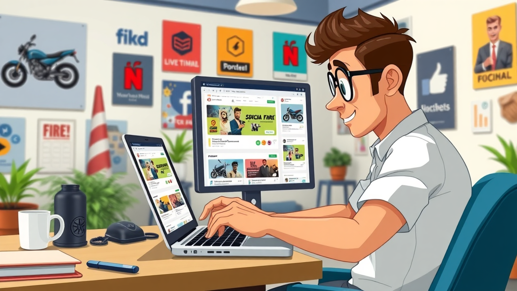 digital marketer creating social media ad campaign for motorcycle accident case, motorcycles, office, social media icons
