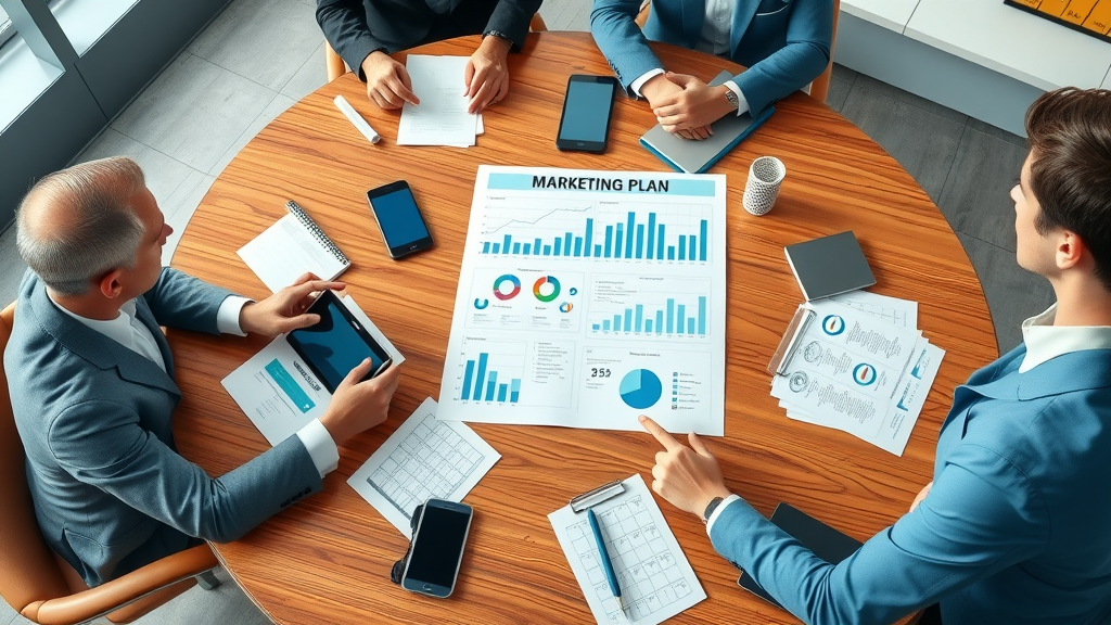 lawyers analyzing legal practice marketing strategies and marketing plan charts at conference table