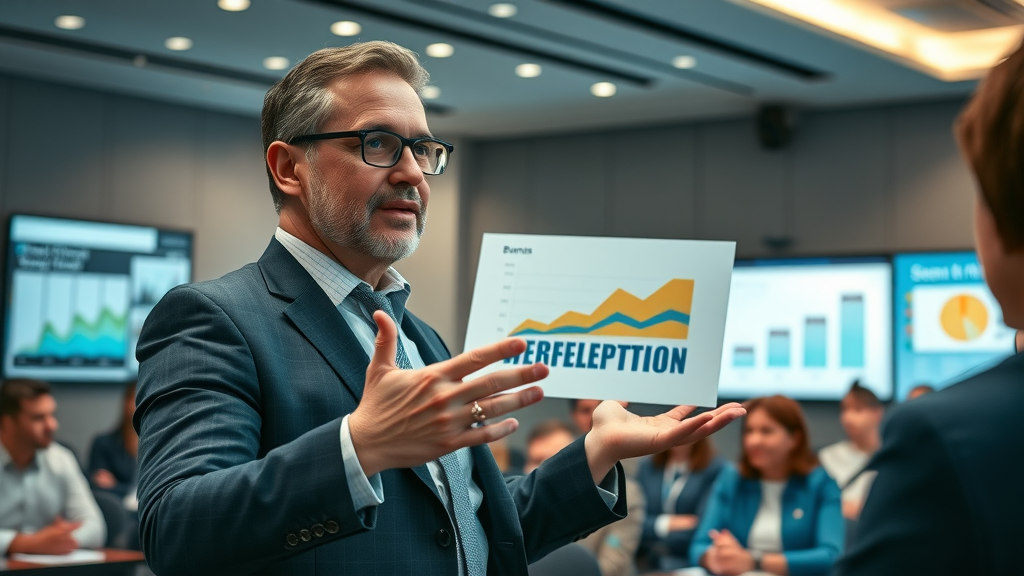 brand perception graph presentation - inspiring business leader presenting brand perception data to audience