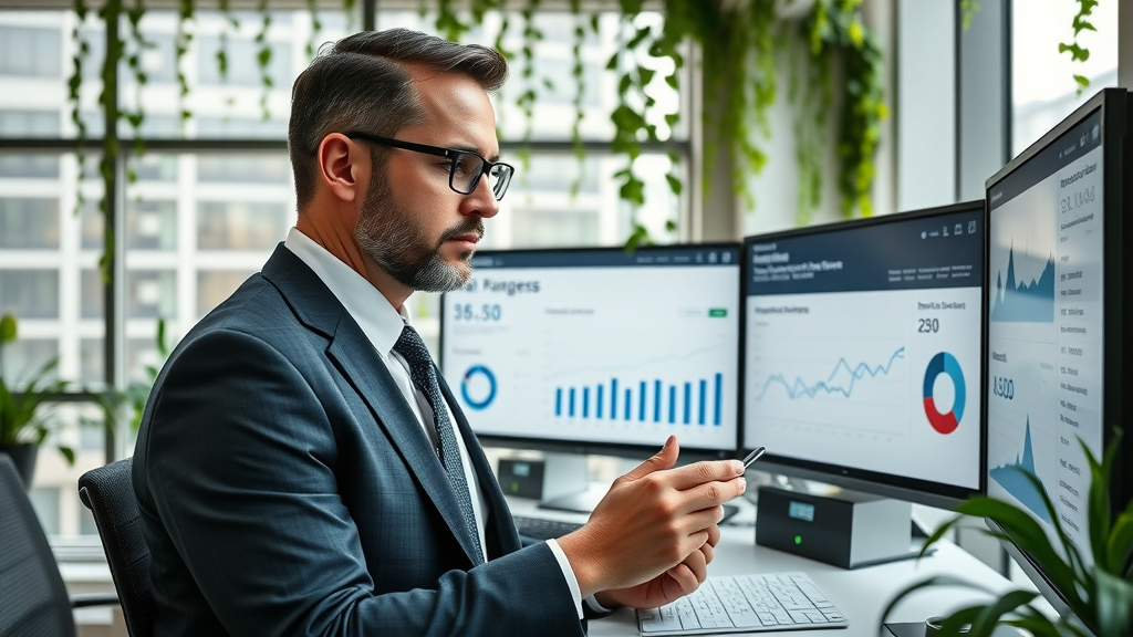 attorney monitoring law firm lead generation metrics on digital dashboard, modern office and analytics background