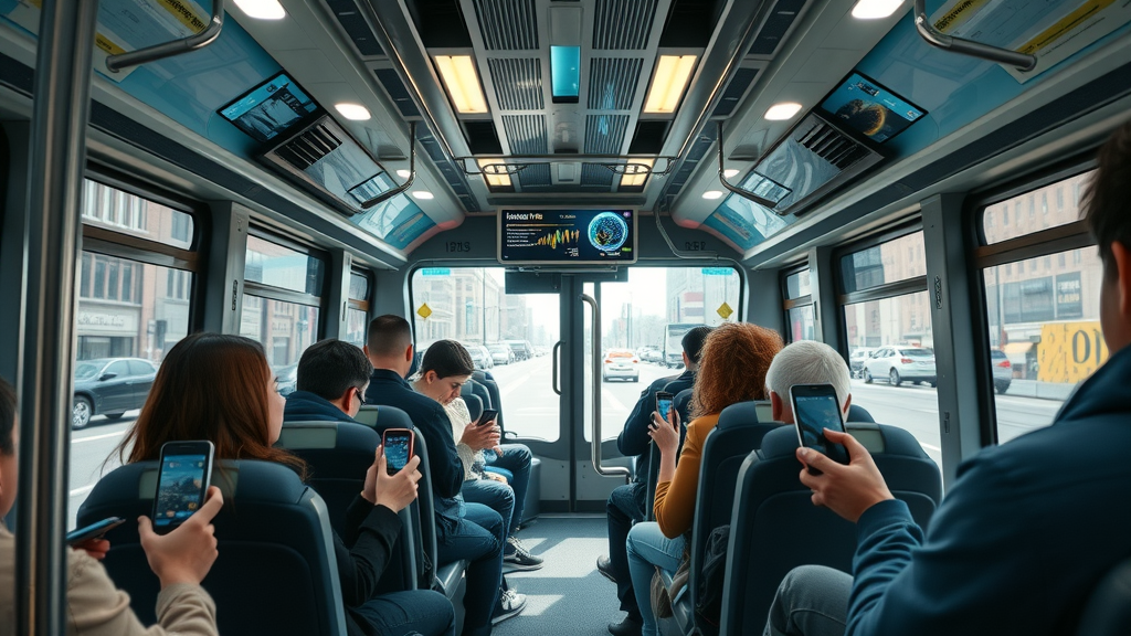 Modern public transit bus interior with riders using mobile apps and engaging with digital signage to improve rider experience