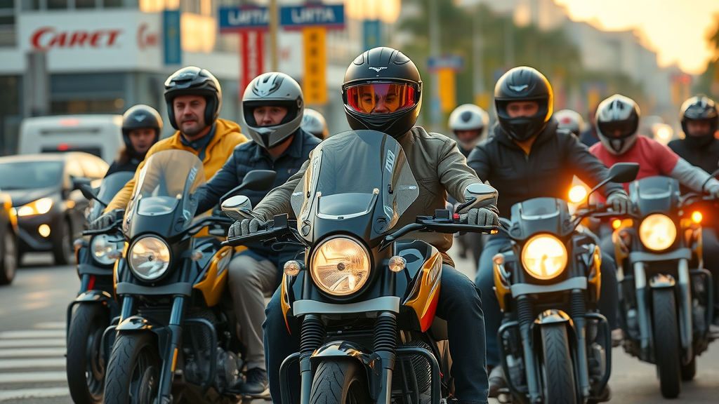 dynamic group of diverse motorcycle riders in full protective gear riding safely on a city street - Motorcycle Safety and Legal Advocacy