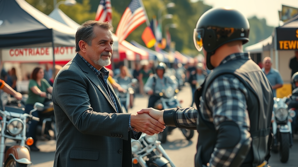 Lawyer engaging with local motorcycle riders during a community event to promote motorcycle accident attorney services.