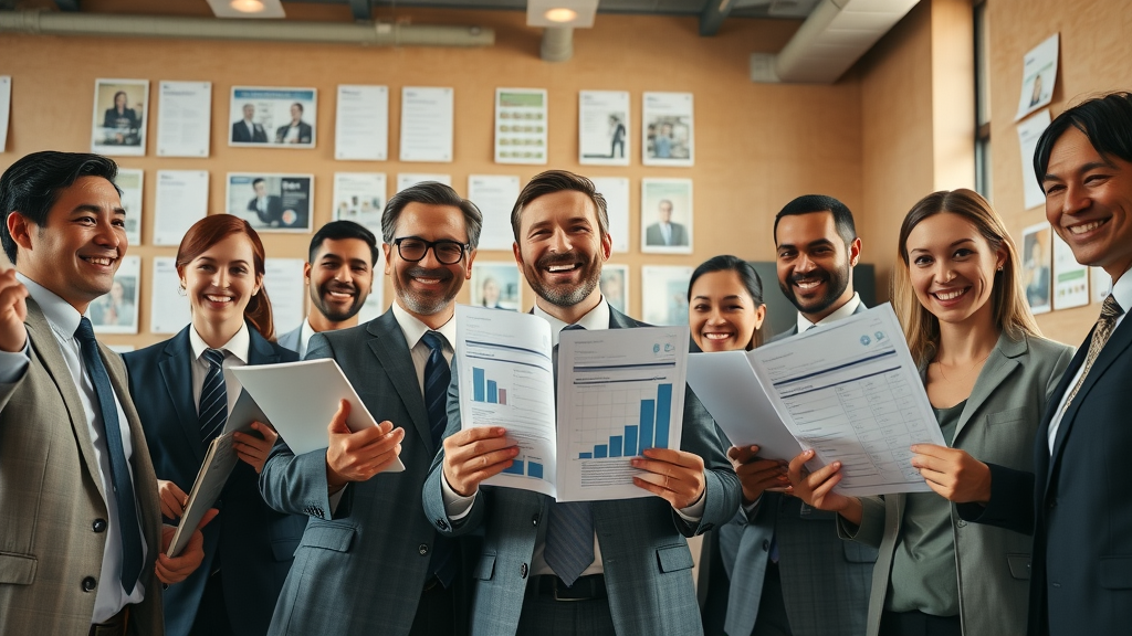 motivated legal professionals reviewing results from successful targeted marketing campaigns