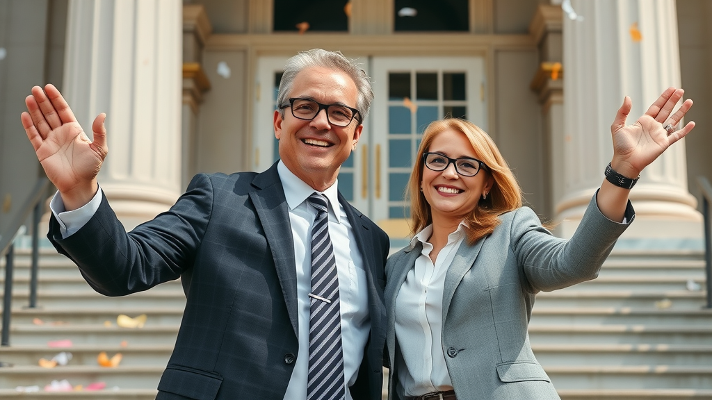 successful motorcycle accident attorney celebrates with client after case win, motorcycle accident attorney promotion