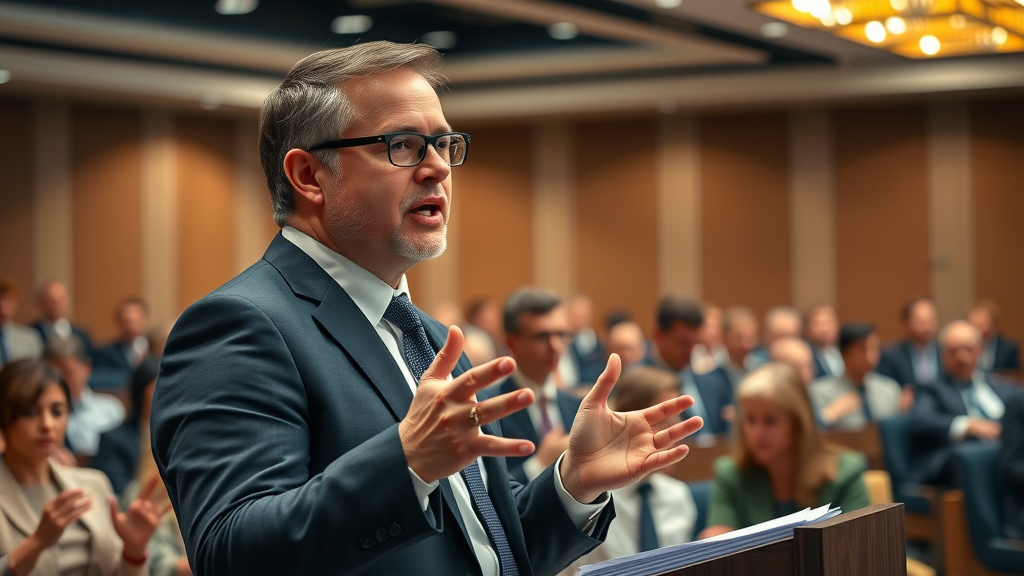 Male lawyer presenting at a legal seminar, event marketing best practices, conference auditorium, audience engaged with Q&A