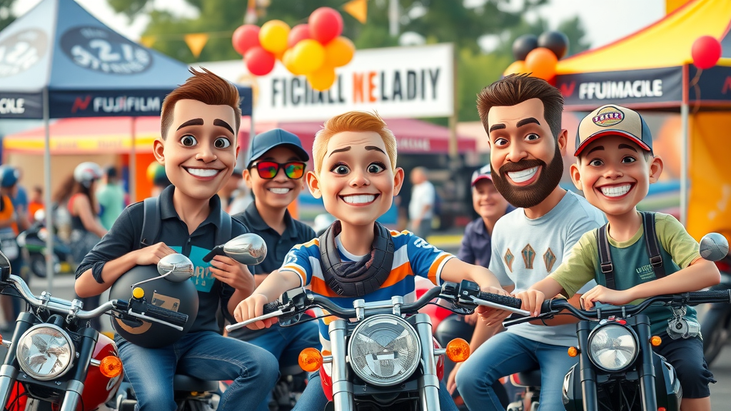 motorcycle event sponsorship friendly group of motorcycle enthusiasts, sponsors at branded booth, outdoor festival with motorcycles
