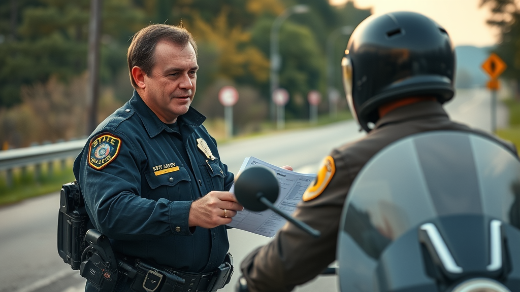 motorcycle safety laws in action: police officer conducts document inspection with motorcyclist by roadside, photorealistic lifelike style, badges shining, early daylight