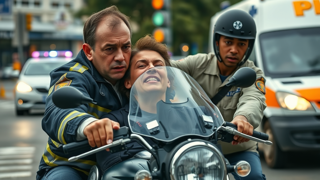 dynamic motorcycle accident scene, serious expression, emergency responders assisting an injured motorcyclist, city street background with police car and ambulance, motorcycle accident lawyer marketing
