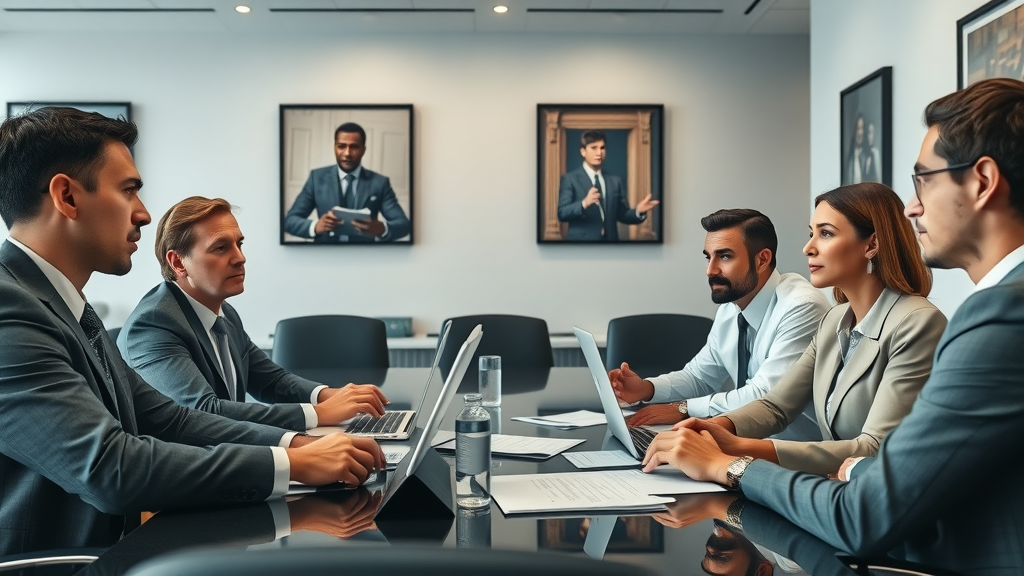 law firm attorneys meeting in a conference room discussing social media for attorneys digital marketing strategy