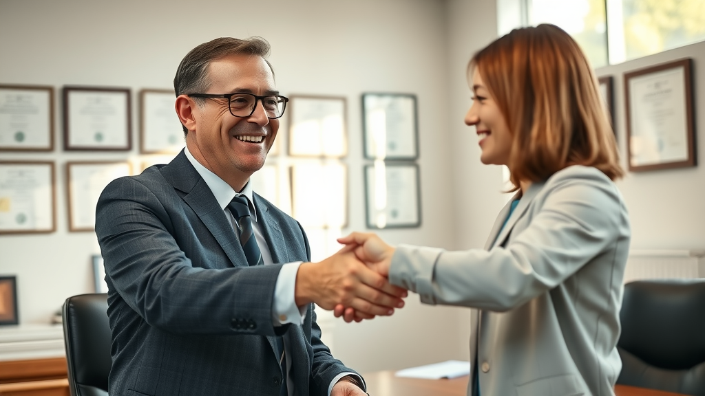 law firm building trust: personal injury attorney shaking hands with client for testimonial video