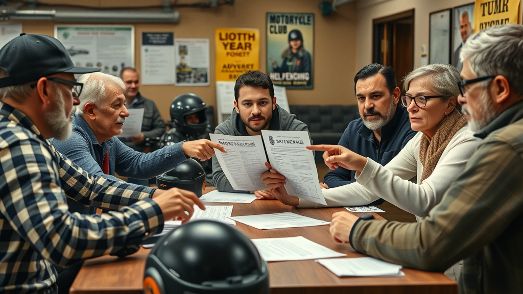 motorcycle advocacy group meeting with legal documents and helmets - motorcycle advocacy