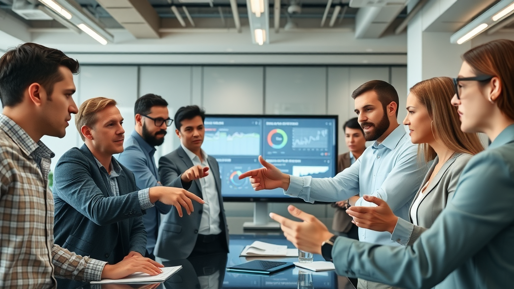 Organized team planning rider marketing strategies in a modern office with digital dashboards, rider branding, and focused marketers.