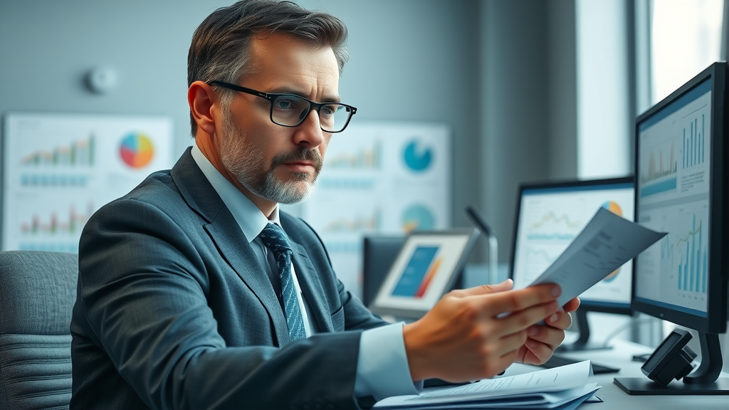 Analytical attorney reviewing client personas and legal documents for content marketing motorcycle law