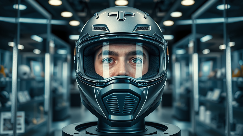 sleek full-face motorcycle helmet, high-tech retail environment, reflective visor and ventilation, motorcycle safety gear