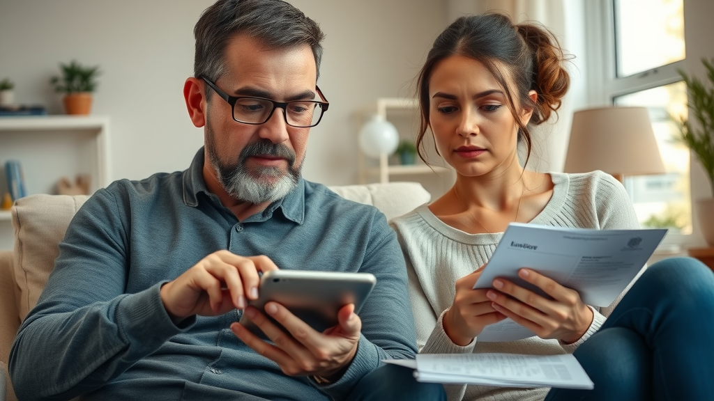 Motorcycle accident victims researching online, legal needs, accident documents, thoughtful expressions, cozy living room