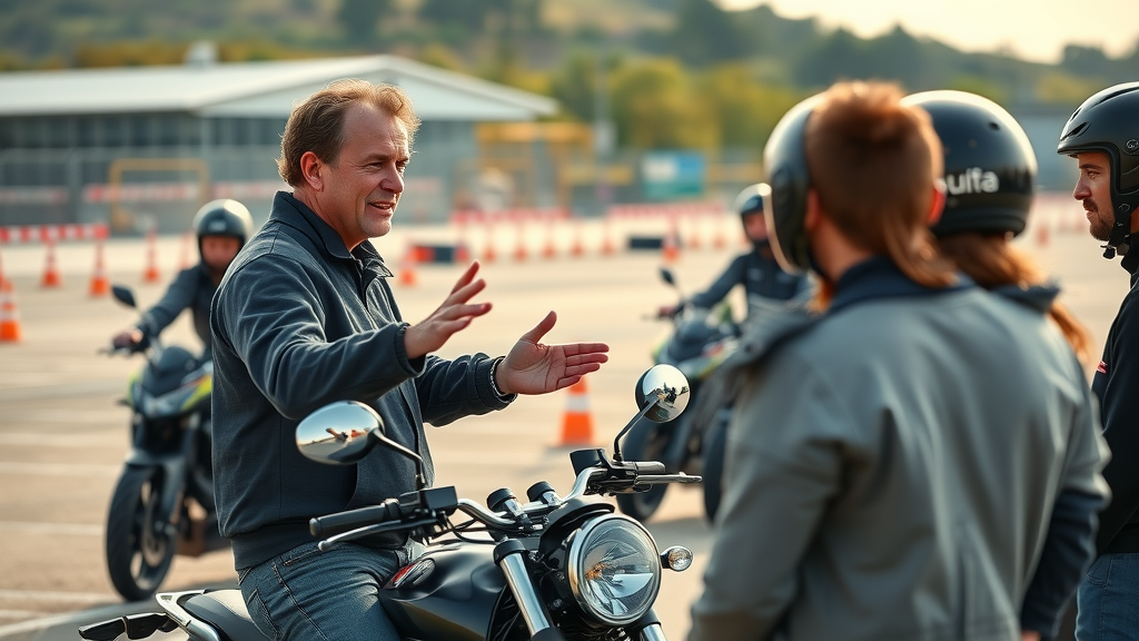 motorcycle safety training course with instructor teaching group of riders, safe riding demonstrations on training grounds, photorealistic scene