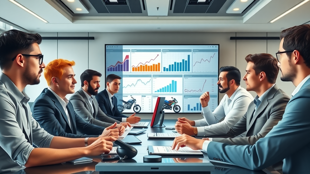 law firm marketing teams analyzing digital marketing data for motorcycle accident legal services in a corporate setting