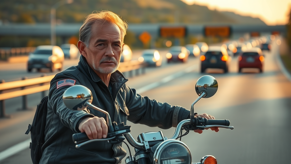 responsible motorcycle rider maintaining safe distance targeting motorcycle riders, highway, golden hour, clear vehicle spacing