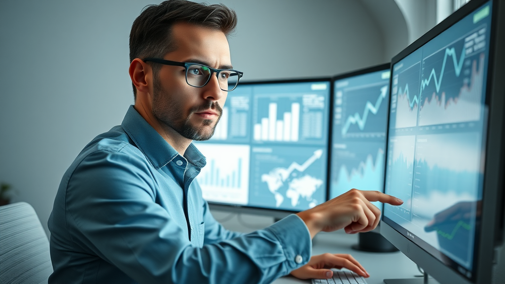 digital marketer analyzing SEO for lawyer branding through video, analytics charts, website dashboard, modern workstation