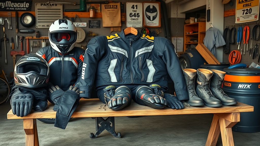 organized motorcycle safety gear (helmet, jacket, gloves, pants, boots) on bench, cycle gear for all riding styles, natural light in workshop