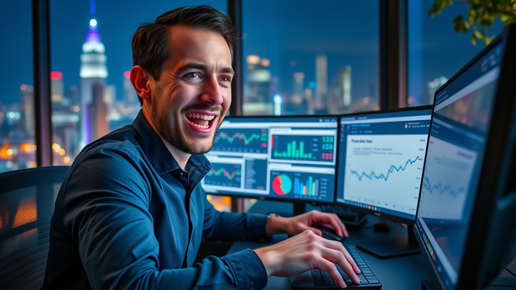 advertising for motorcycle, digital marketer managing PPC ads for a motorcycle law firm, multiple screens displaying ad dashboards against a cityscape night view