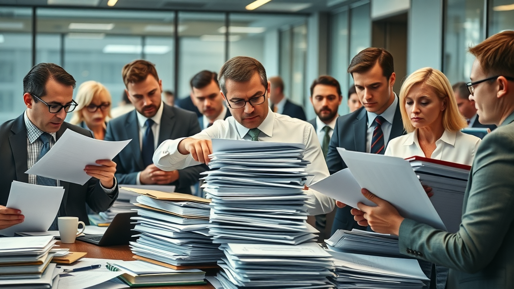 Attorneys reviewing rejected client files and unread leads in a busy law firm office with motorcycle accident paperwork scattered