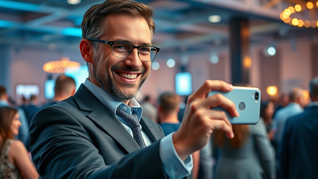 tech-savvy lawyer promoting law firm event on social media, capturing live content for legal event marketing