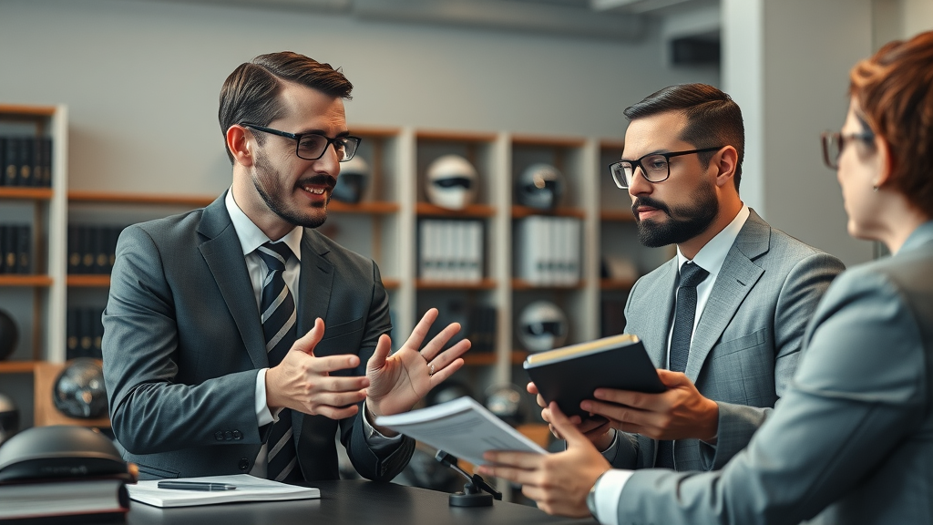 motorcycle accident attorneys consulting with clients in a modern law office with legal books and motorcycle helmets in the background