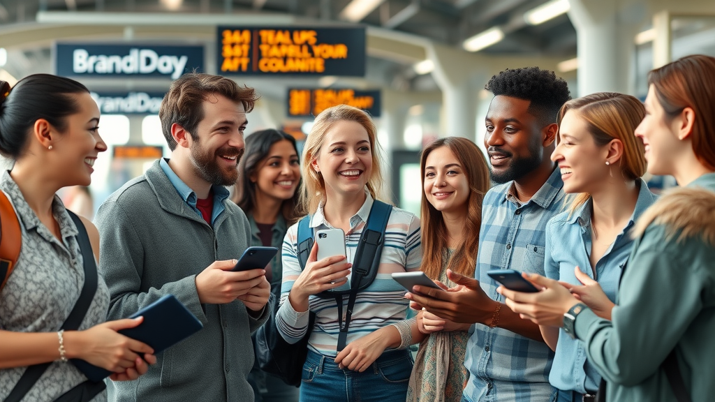 dynamic team of diverse riders interacting with brand representatives, engaged at a modern transport hub, rider-centric brand development