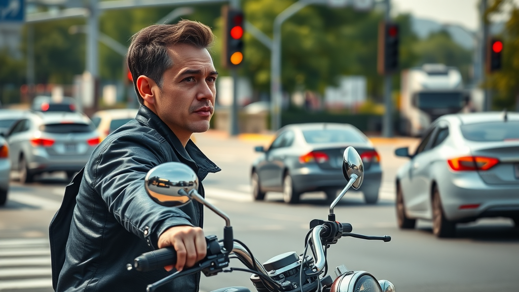 Motorcycle rider stopped at traffic signal following motorcycle traffic laws at busy intersection
