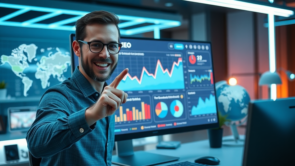 Vibrant local SEO dashboard for law firm, local ranking indicators, computer screen, contemporary workspace, rising graph, digital maps